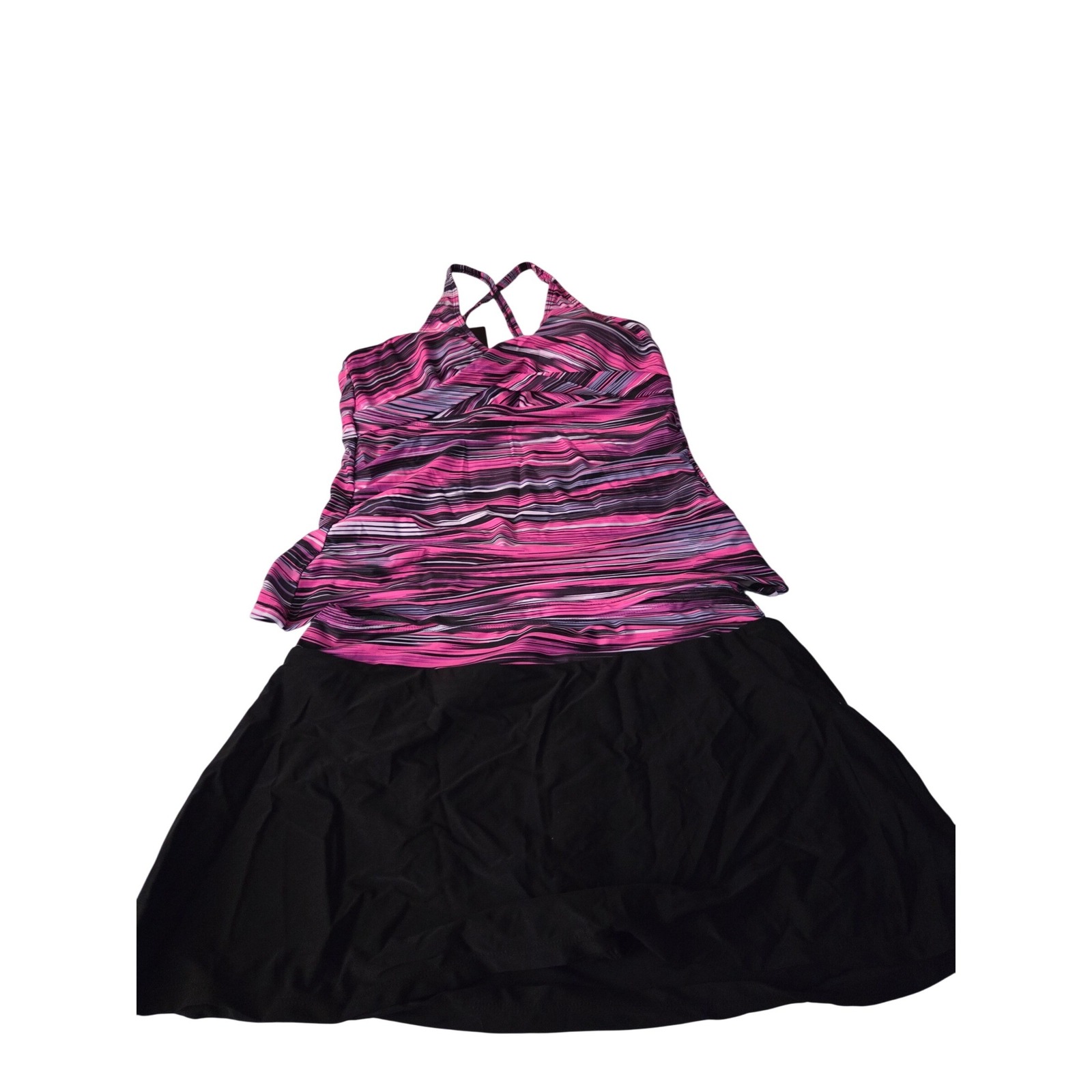 Womens Pink Purple Striped Halter Neck Swim Dress One Piece Swimsuit Black Skirt